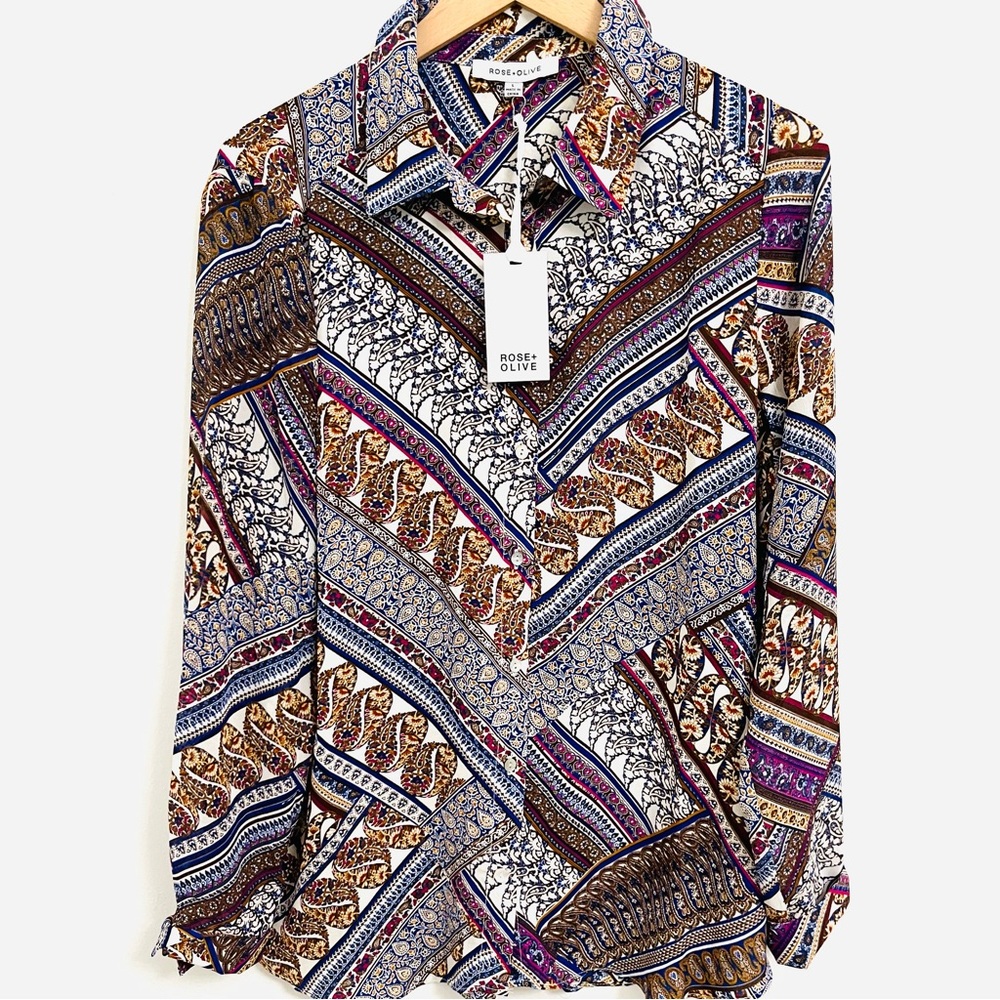 NWT Rose + Olive Paisley Print Blouse